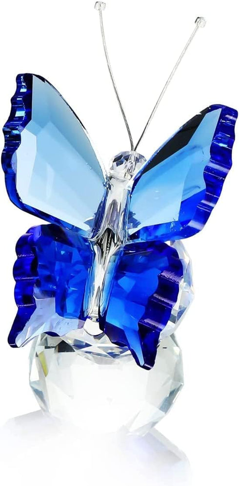 H&D Crystal Flying Butterfly Figurine with Crystal Ball Base, Cut Glass Ornament, Collectible (Blue)