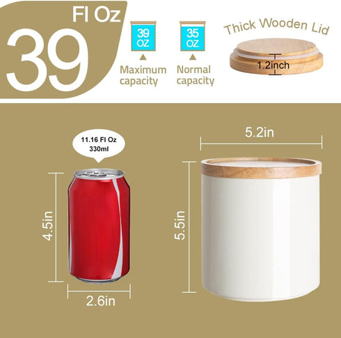 Sweejar 39 Fl Oz Kitchen Canisters, Stackable Ceramic Food Storage Jar with Airtight Seal Wooden Lid - White