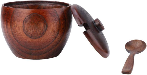Raguso Solid Wood Jar, 1pc Seasoning Pot with Spoon and Lid for Salt, Sugar, Chili Storage Bowl