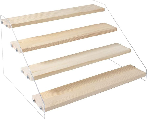 PACKGILO 4 Tier Acrylic Display Stand for Figures Wooden Risers for Display Case