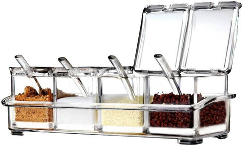 Seasoning Box - 4 Piece Clear Acrylic Spice Pots with Cover and Spoon, Storage Container for Condiments
