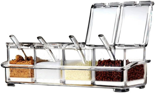 Seasoning Box - 4 Piece Clear Acrylic Spice Pots with Cover and Spoon, Storage Container for Condiments