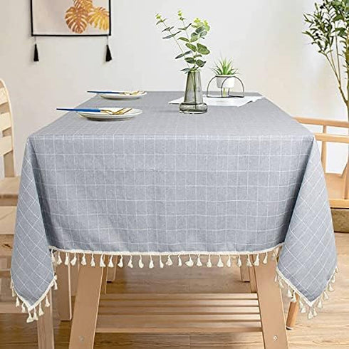 ShinyBeauty Premium Cotton Linen Tablecloth, 55"x55", Grey Solid with Handmade Tassel Trim, Elegant Farmhouse Decor