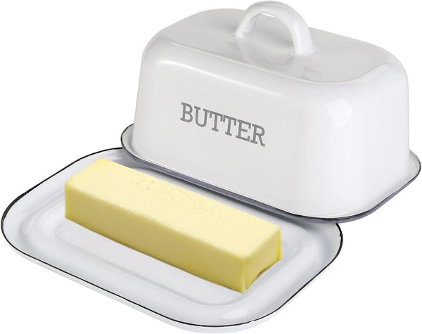 Suwimut Enamel Butter Dish with Lid, Vintage White Butter Container with Black Rim for Kitchen Counter Decor