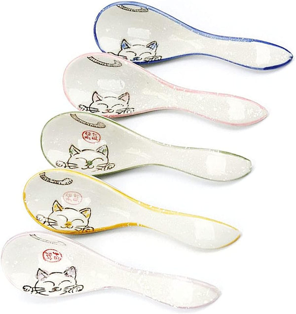 5pcs Ceramic Soup Spoons, Lucky Cat Hand Painted Dessert Spoons