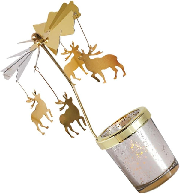 Rotating Candlestick Holder Christmas Carousel Spinning Deer Tea Light Table Decoration Gold