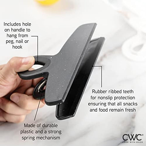 COOK WITH COLOR Set of Eight Large Heavy Duty Bag Clips, 5" Chip Bag Clips, Large Food Clips for Food Storage with Air Tight Seal Grip for Bread Bags, Snack Bags and Food Bags (Black and White)