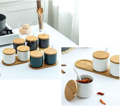 Simple Pure Color Ceramic Spice Jar, Seasoning Box with Bamboo Lid and Spoon, Sugar Bowl