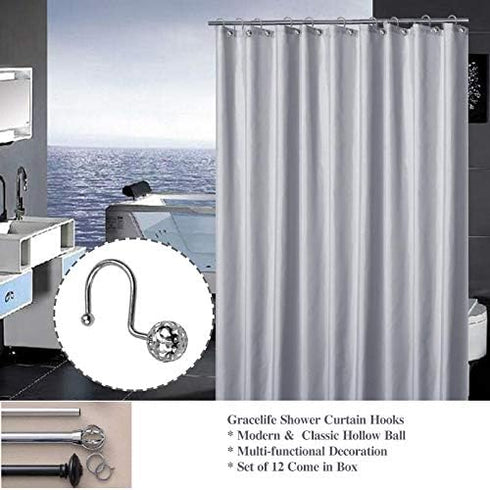 12Pcs Luxury Quality Hollow Ball Shower Curtain Hooks, Rustproof Stainless Steel Rings for Bathroom Rod (Chrome)