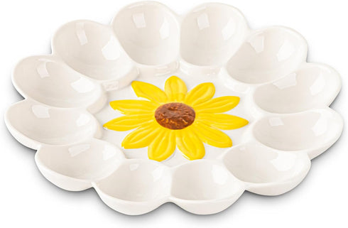 YU&CH Ceramic Sunflower Deviled Egg Tray - White Egg Platter For Party