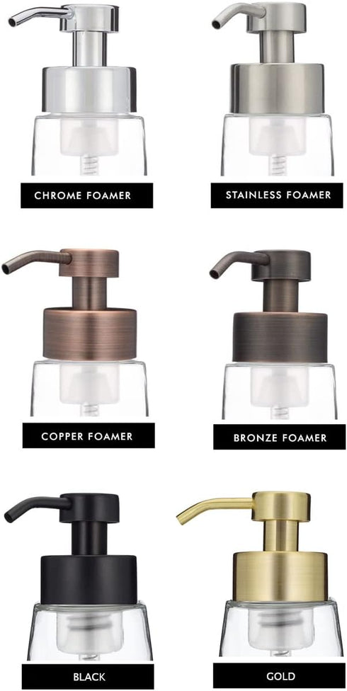 Rail19 Amber Glass Apothecary Foaming Soap Dispenser with Metal Pump, 8.5oz for Kitchen and Bathroom Countertop, Gold