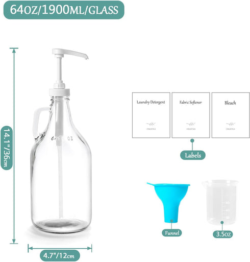 VEGEVIGI 64 OZ 1P Laundry Detergent Dispenser BY , Glass,Glass Liquid Laundry Soap Dispenser with Pump, Bleach