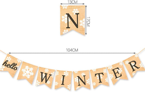 Burlap Hello Winter Banner, Snowflake Winter Holiday Bunting Garland Decoration