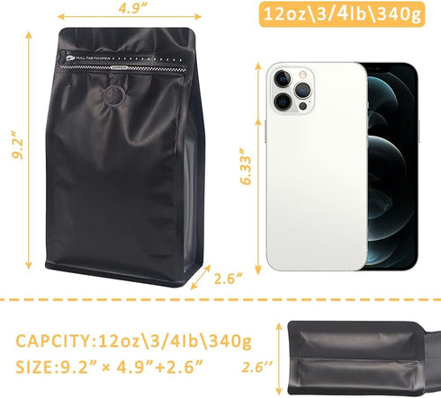 Valve(50pcs,12 oz,3/4 lb) REMTAP Coffee Bags with balck High Barrier Aluminumed Foil Flat Bottom Standing Coffee Beans