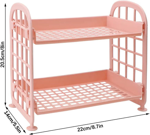 Desktop Rack Cosmetic Stationery Storage Holder, 2-Tier Multifunctional Plastic Shelf Makeup Organizer for Skincare Office Kitchen Bedroom Bathroom Home (Pink) by QUMENEY