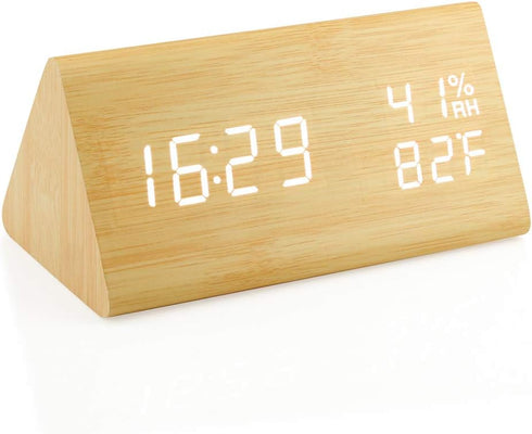 OCT17 Wooden Alarm Clock - Smart LED Digital Clock with Time Temperature, Humidity Display, Bamboo, Adjustable