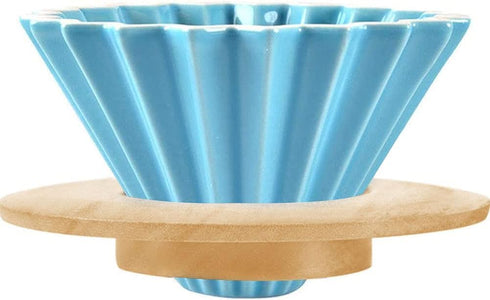 Ceramic Coffee Dripper, Pour Over Coffee Maker with Wood Stand, Elegant Flower Shape V60 Filter (blue)