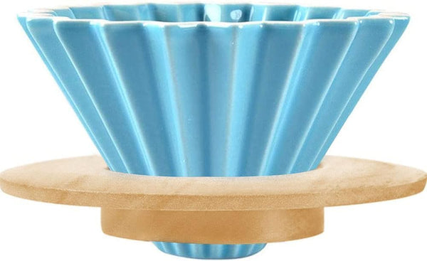 Ceramic Coffee Dripper, Pour Over Coffee Maker with Wood Stand, Elegant Flower Shape V60 Filter (blue)