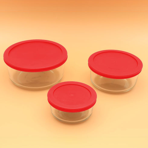 CIBI Food Storage Container Lids (2 Cups, Red - 6PK) for Pyrex and Anchor Round Glass Containers