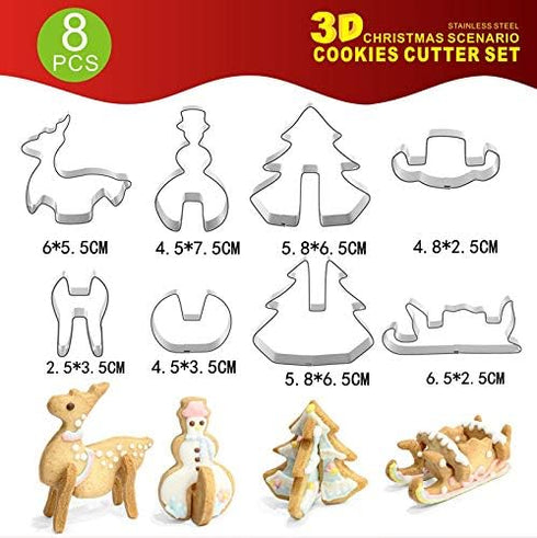8 Pieces 3D Christmas Snowman Cookie Cutters, Stainless Steel Cartoon Biscuit Cutters for Holiday Baking
