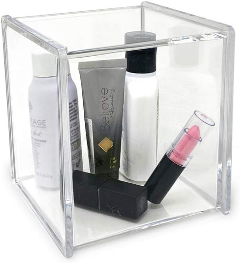 Isaac Jacobs Clear Acrylic Cube Organizer with Lid, Stackable Storage for Makeup, School & Office Supplies
