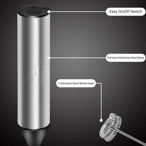Powerful Handheld Milk Frother - Lightweight Electric Whisk with 2 Mixing Heads, Battery Operated Stainless Steel Mixer