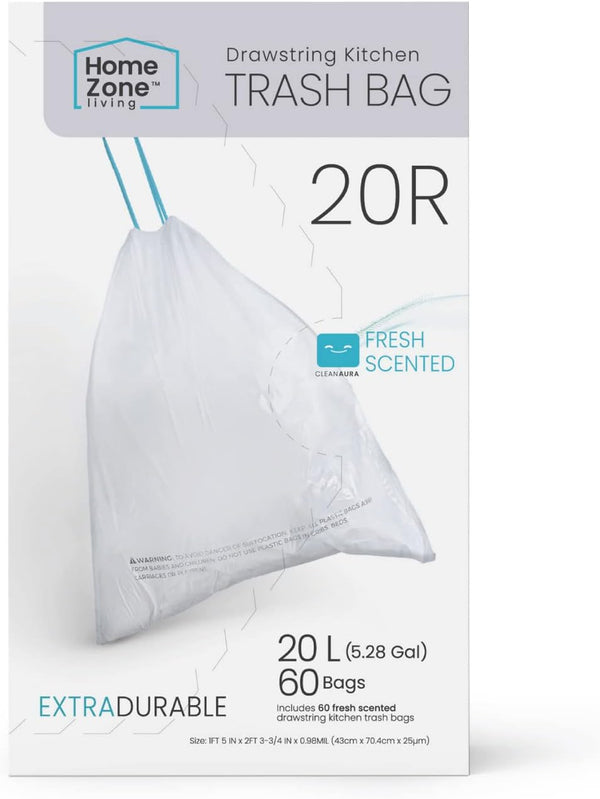 Home Zone Living 5.3 Gallon Kitchen Trash Bags with Drawstring Handles, Heavy