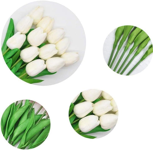 PU Fake Tulips Real Touch Artificial Flowers, 10Pcs Bouquet for Home Office Wedding Decoration (White)