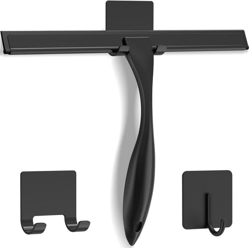 All-Purpose Stainless Steel Shower Squeegee with 2 Adhesive Hooks, 10 Inch Black Cleaning Tool for Home, Car