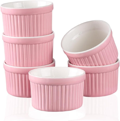 Ramekins 4oz, Set of 6 Porcelain Oven Safe Baking Bowls for Creme Brulee, Souffle, Pudding Cups (Pink)