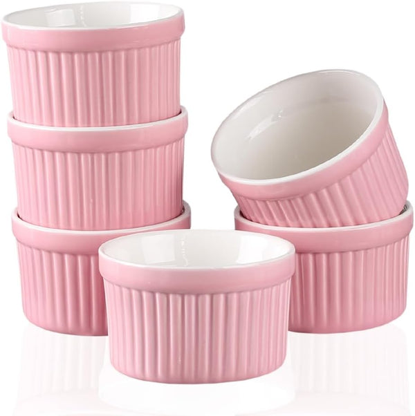 Ramekins 4oz, Set of 6 Porcelain Oven Safe Baking Bowls for Creme Brulee, Souffle, Pudding Cups (Pink)