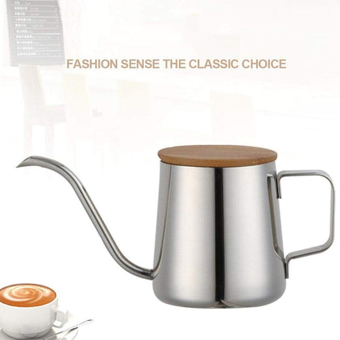 Pour Over Kettle, 12oz/350ml Stainless Steel Gooseneck Coffee Pot with Long Narrow Spout and Wooden Lid