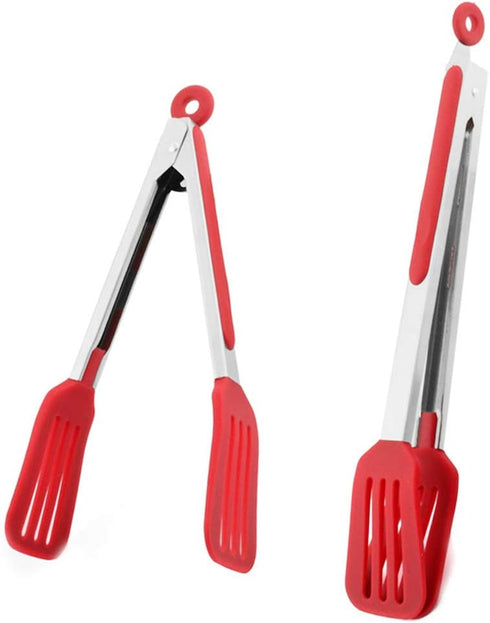 Cooking Tongs Stainless Steel 9 inches and 12 inches, Heat Resistant Silicone Serving Tong Meat Turner Spatula Tong
