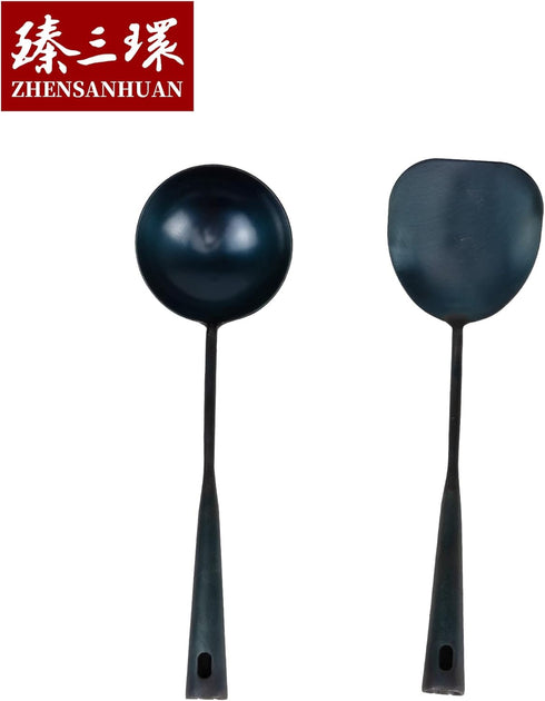 ZhenSanHuan Chinese Traditional HandMade Iron Spatula & Ladle Wok Tool Set, Long Wok Utensils