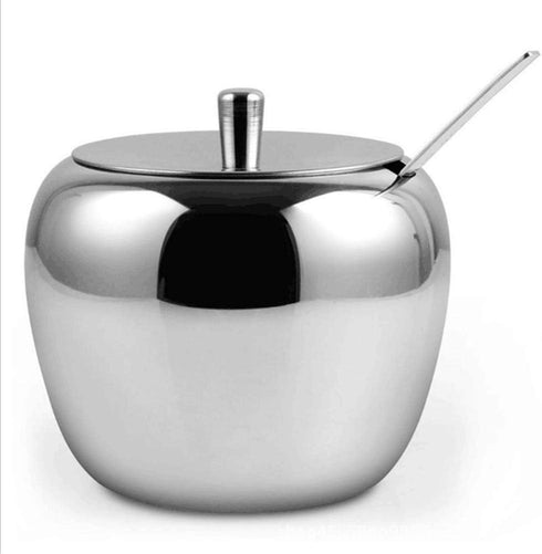 Stainless Steel Sugar Bowl with Lid and Spoon, Apple Seasoning Jar, Condiment Pot, Spice Container Cruet