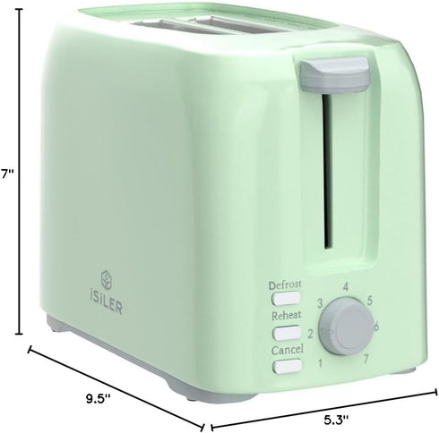 iSiLER 2 Slice Toaster: Compact Bagel Toaster with 1.3" Wide Slot, 7 Shade Settings, Green