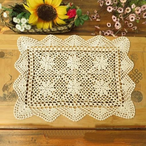 ABREEZE Handmade Crochet Tablecloth, Cotton, 2 pc,11"x23",Beige Chrysanthemum Tablecloth for Dining Table,