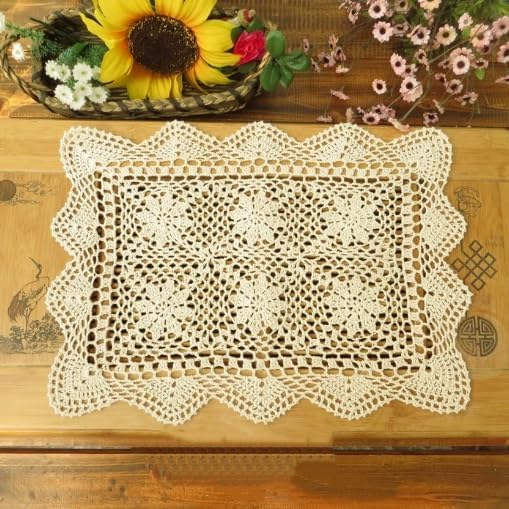 ABREEZE Handmade Crochet Tablecloth, Cotton, 2 pc,11"x23",Beige Chrysanthemum Tablecloth for Dining Table,
