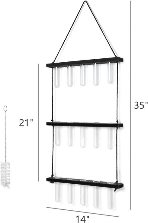 3 Mkono Tiered Wall Hanging Plant Terrarium with Wooden Stand Mini Test Tube Flower Vase Glass Planter for Hydroponic