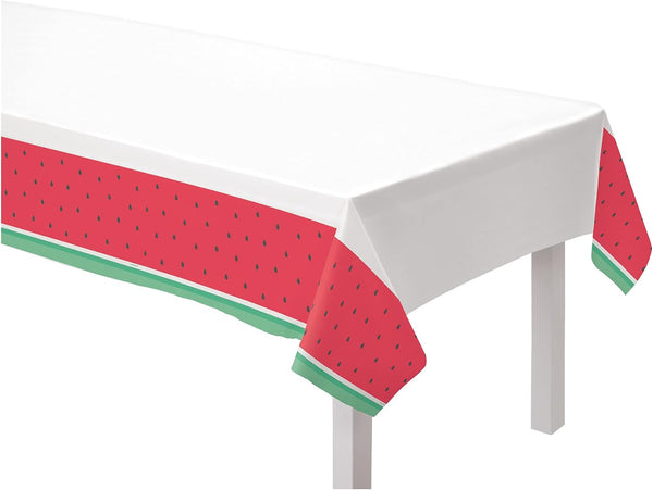 Amscan Tutti Frutti Plastic Table Cover - 54" x 102" (1 Pc) - Rectangular Green, Red & White Tablecloth for Summer