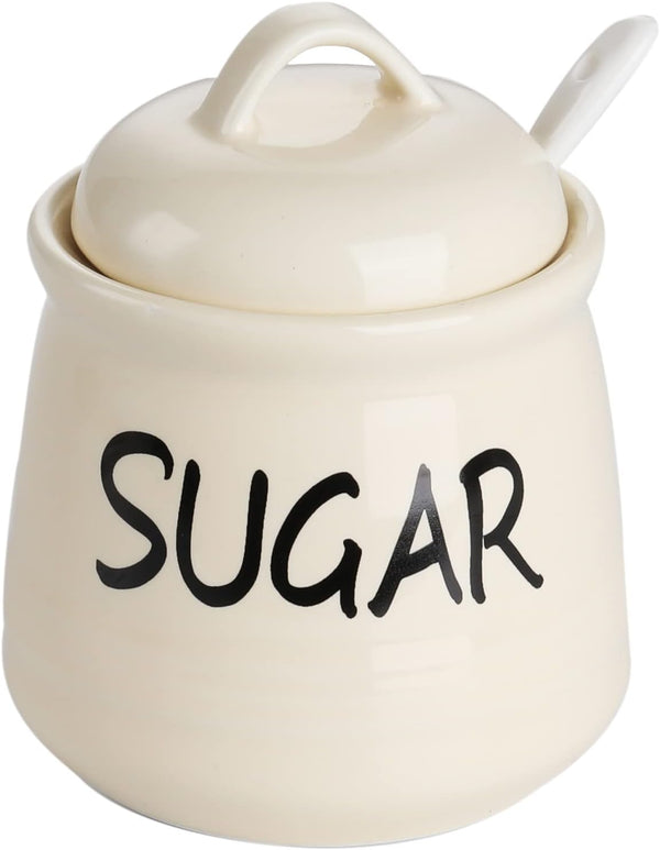 HAOTOP Porcelain Sugar Bowl with Lid and Spoon, 12oz (Beige)
