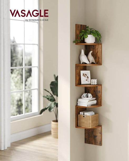 5-Tier ULBC72BX VASAGLE Corner Shelf Wall Mount, Floating Corner Bookshelf, Plant Shelf for Bedroom, Living Room