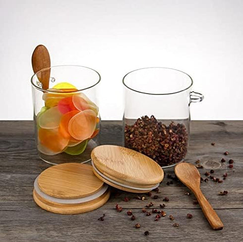 123Arts Glass Container Sugar Bowl, Spice Jar Food Storage with Wooden Lid and Spoon