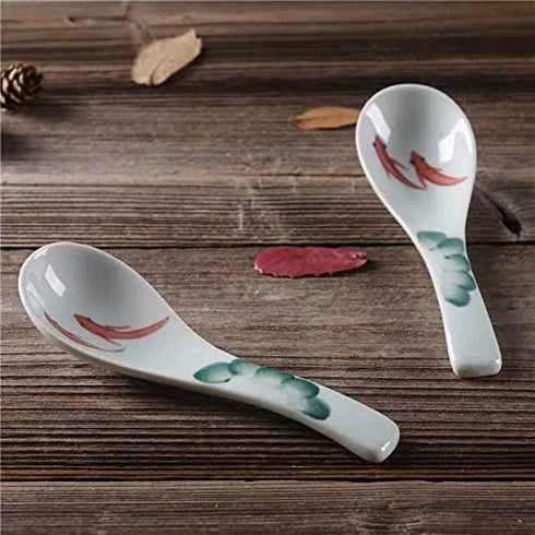 Ceramic Soup Spoons Set of 4, Chinese Style Glaze Porcelain Rice Spoons, Dark Green Asian Tableware
