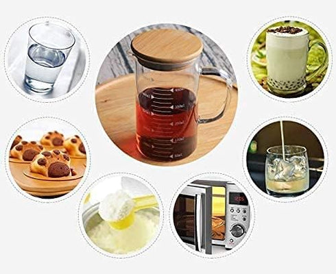 1L Glass Measuring Cups Jugs with Lid - Large Measuring Pitcher Beaker for Hot/Cold Liquid, Clear Scale with Spout