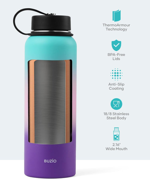 BUZIO 40oz Insulated Water Bottle, Stainless Steel Double Wall Flask, Leak Proof Sports Jug with Straw Lid