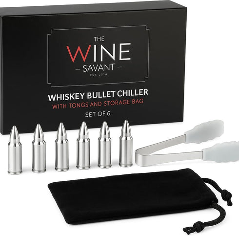 Bullet Whiskey Chillers Stones, Set of 6 Stainless Steel Bullet Shaped Ice Cubes, Gift Box, Tongs, Storage Bag