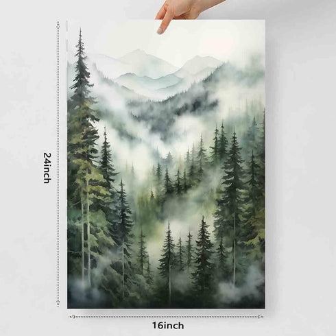 Landscape Watercolor Picture, Misty Forest Poster Mountain Forest Painting Foggy Forest Print Canvas Wall Art 16x24inch