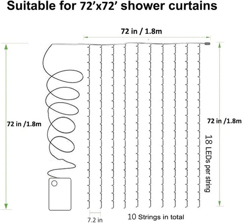 72 72 Inches 10 180 Solhice Curtain Shower Light, x Battery Operated Waterproof Curtains Fairy Lights with Hooks