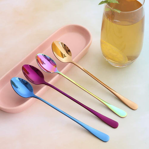 Long Handle Iced Tea Spoon Set of 4, Stainless Steel Coffee Mixing Spoons, Blue